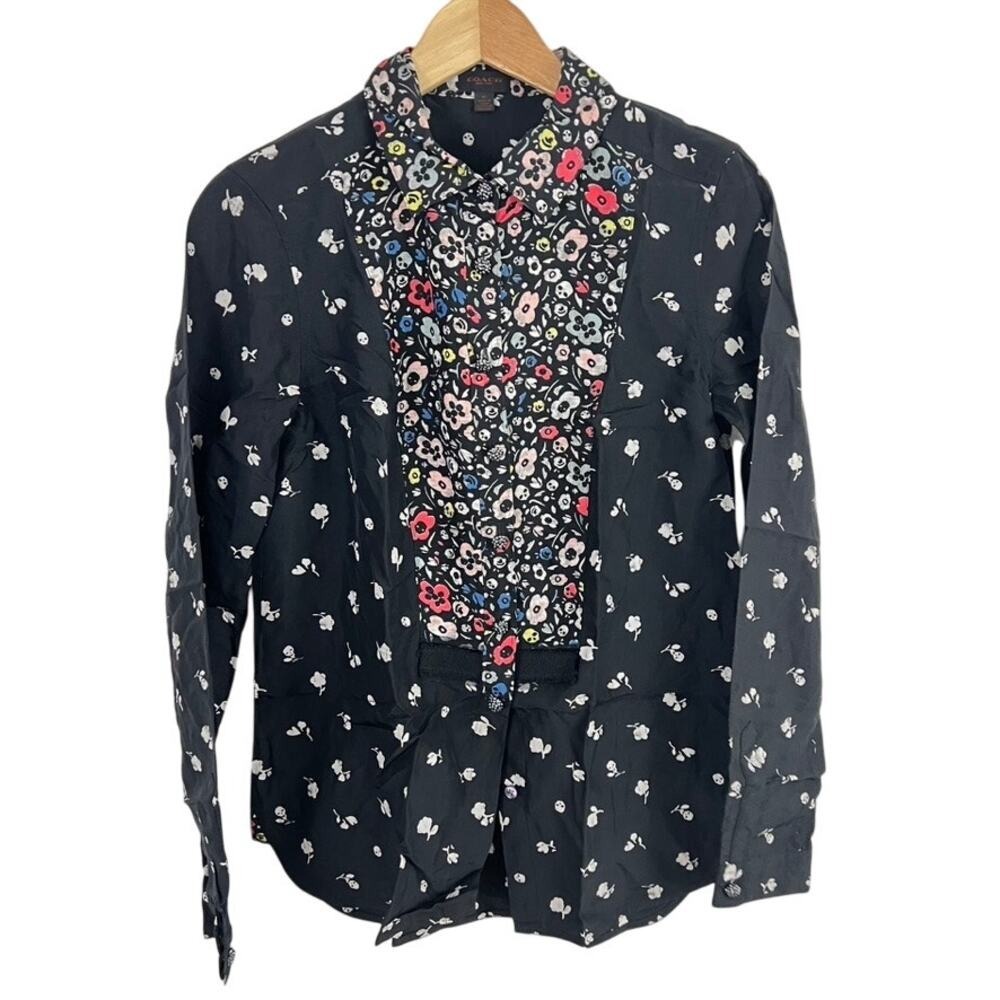 Coach Floral Skull Print Button Up Shirt Women XS Black Viscose Long Sleeve